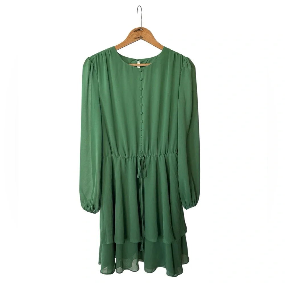 Alexia Admor | Women’s Green Long Sleeve Crewneck Chiffon Balia Mini Dress Sz 2